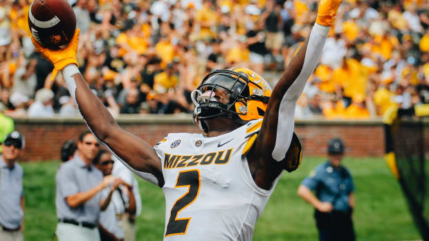 Missouri cornerback Ennis Rakestraw (2) celebrates after his first-career interception during the Tigers' 34-17 win over Abilene Christian on Sept. 17, 2022
